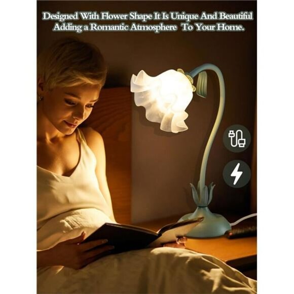 Flower Table Lamp LED Night Light Bedside Desk Lamp 3 Color Modes Green Decor - Picture 2 of 7